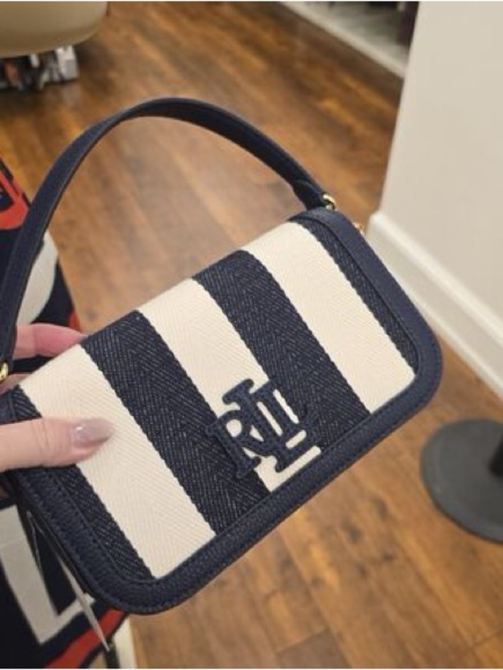 NWT Ralph Lauren Women's Blue Striped Twill Small Adley Shoulder Bag - Picture 3 of 3